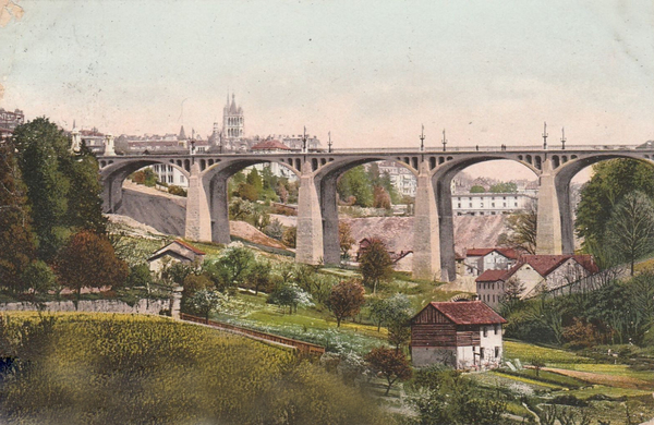 La Vallée du Flon à la fin du XIXe siècle. En amont du Pont Chauderon, on devine le remblaiement de la vallée sur lequel sont construits les premiers entrepôts de marchandise