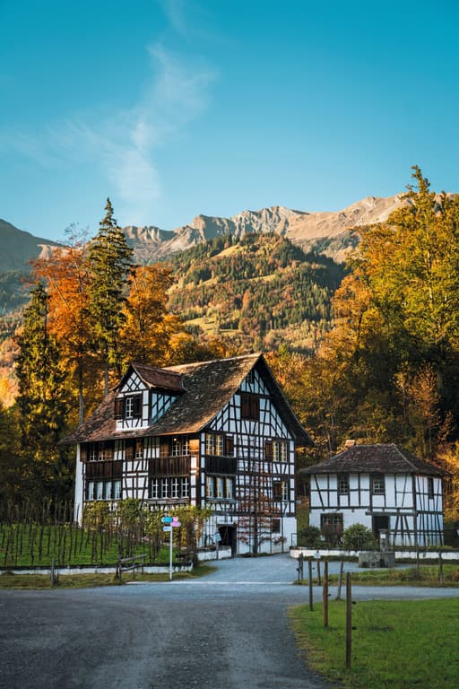 Maison en colombage de Richterswil. Les décharges obliques deviennent des éléments décoratifs, peintes et disposées en figures géométriques.