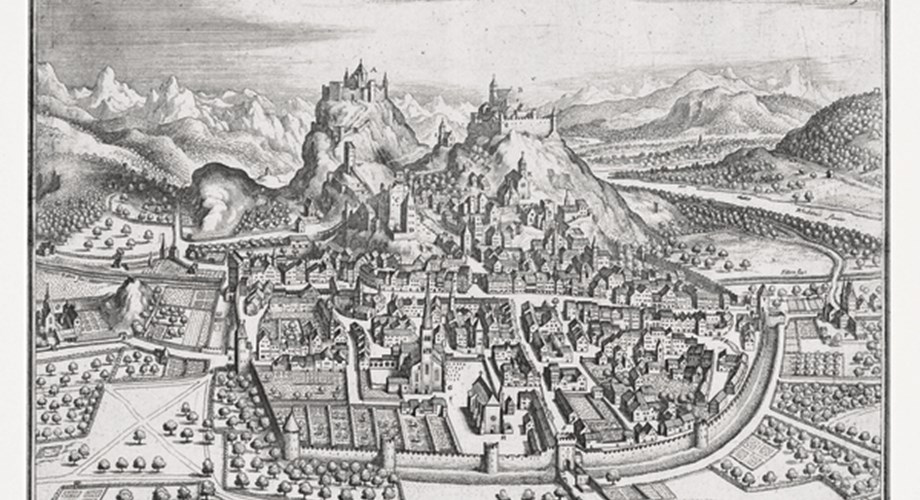 Vue de Sion publiée dès 1641. On y observe encore la ville médiévale  enserrée dans son enceinte construite vers 1300