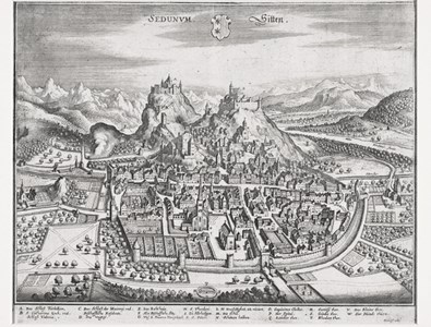 Vue de Sion publiée dès 1641. On y observe encore la ville médiévale  enserrée dans son enceinte construite vers 1300