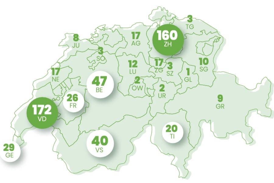 Nombre de cleantech par canton.